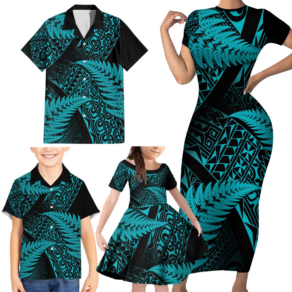 New Zealand Rugby Pacific Personalised Family Matching Short Sleeve Bodycon Dress and Hawaiian Shirt All Turquoise Maori Pasifika Fern Pattern