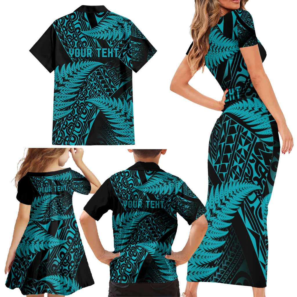 New Zealand Rugby Pacific Personalised Family Matching Short Sleeve Bodycon Dress and Hawaiian Shirt All Turquoise Maori Pasifika Fern Pattern