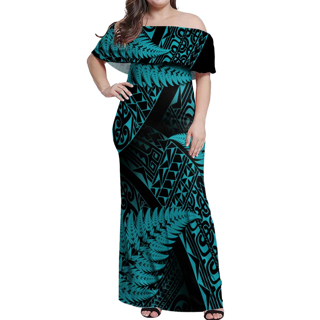 New Zealand Rugby Pacific Personalised Off Shoulder Maxi Dress All Turquoise Maori Pasifika Fern Pattern