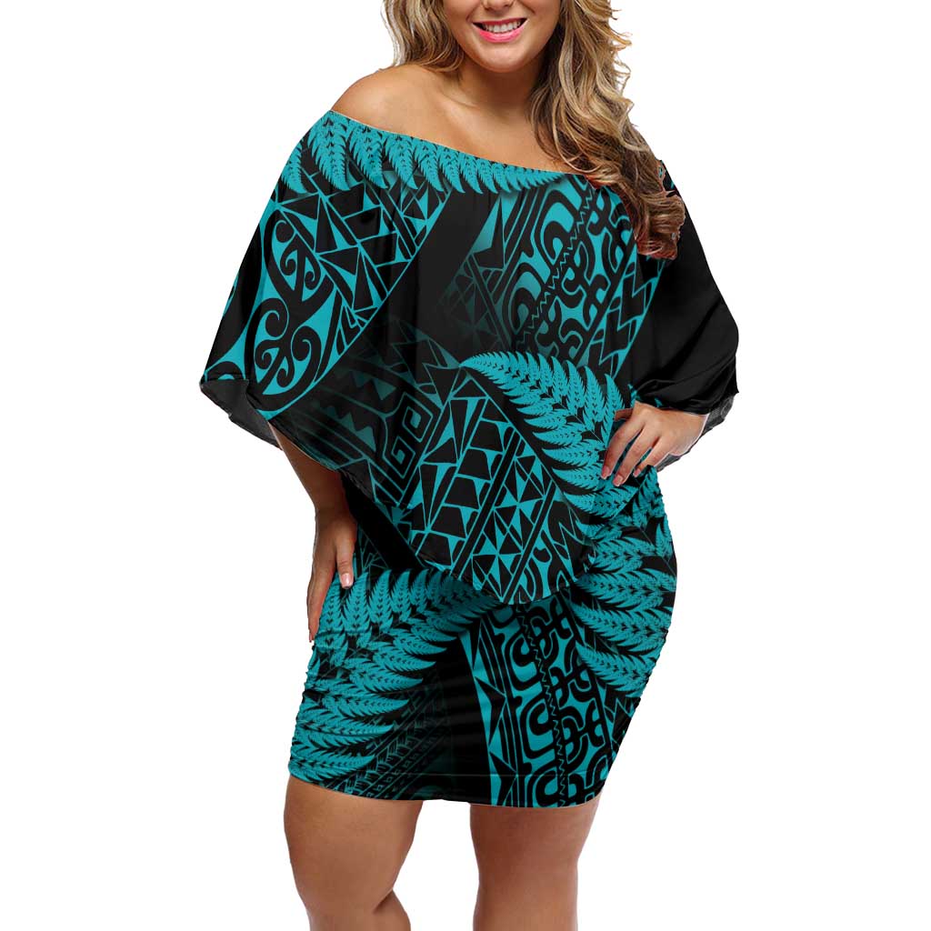 New Zealand Rugby Pacific Personalised Off Shoulder Short Dress All Turquoise Maori Pasifika Fern Pattern