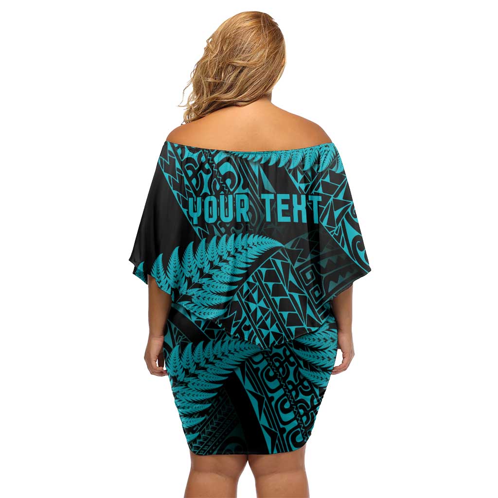 New Zealand Rugby Pacific Personalised Off Shoulder Short Dress All Turquoise Maori Pasifika Fern Pattern