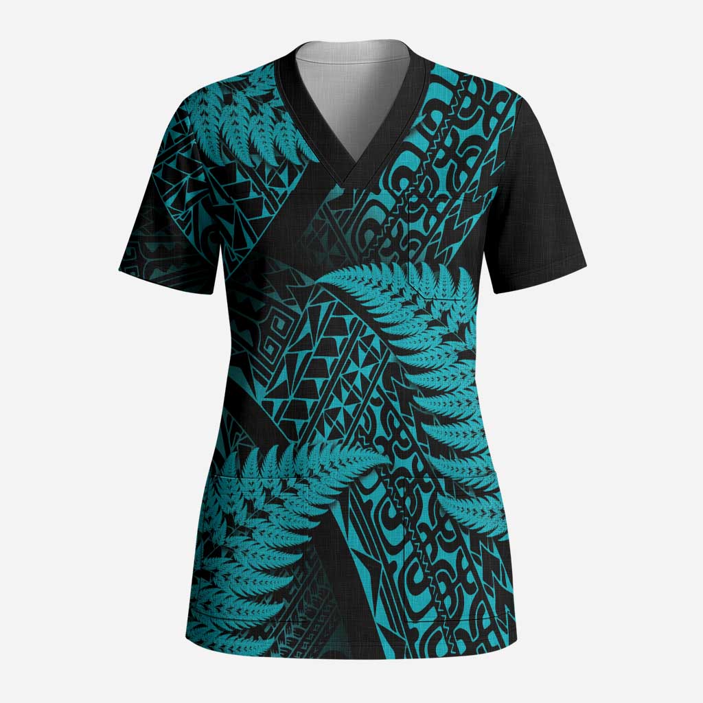 New Zealand Rugby Pacific Personalised Scrub Top All Turquoise Maori Pasifika Fern Pattern - Polynesian Pride