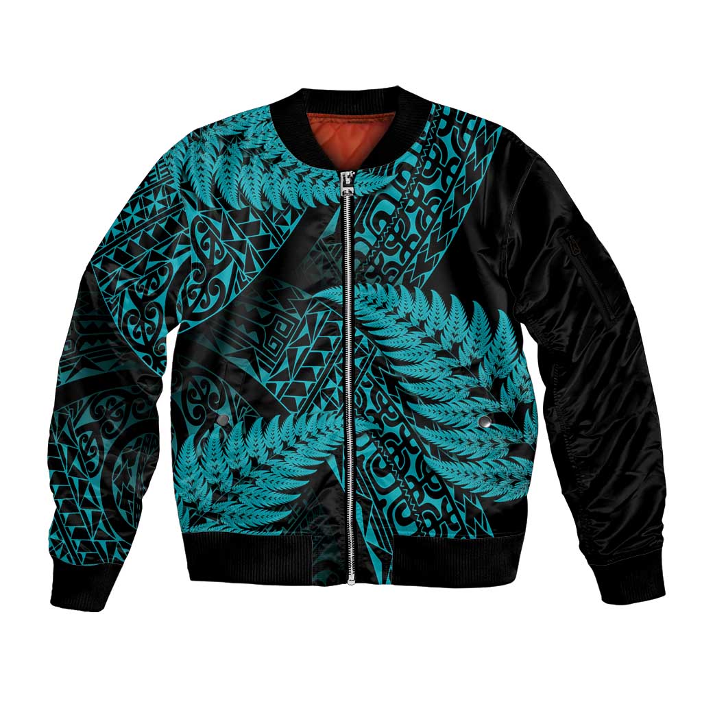New Zealand Rugby Pacific Personalised Sleeve Zip Bomber Jacket All Turquoise Maori Pasifika Fern Pattern