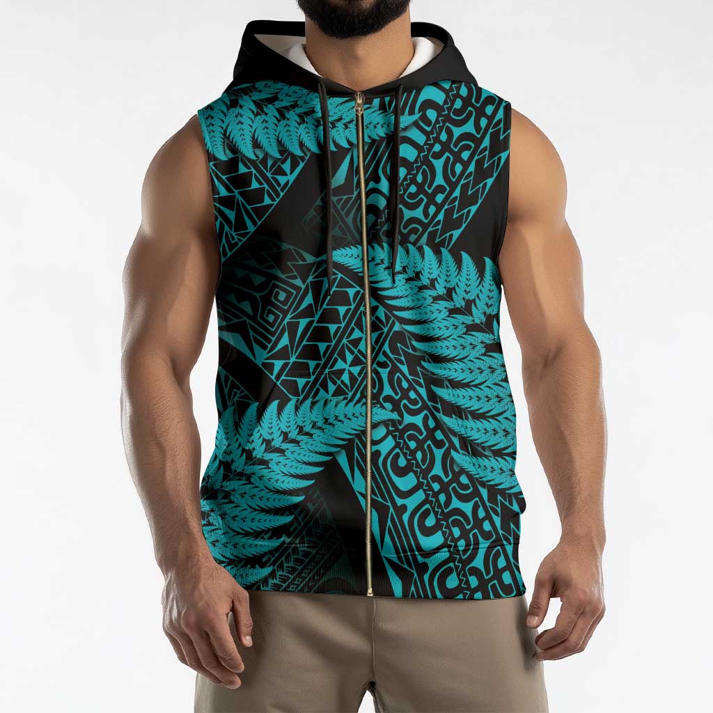 New Zealand Rugby Pacific Personalised Sleeveless Zip Hoodie All Turquoise Maori Pasifika Fern Pattern - Polynesian Pride