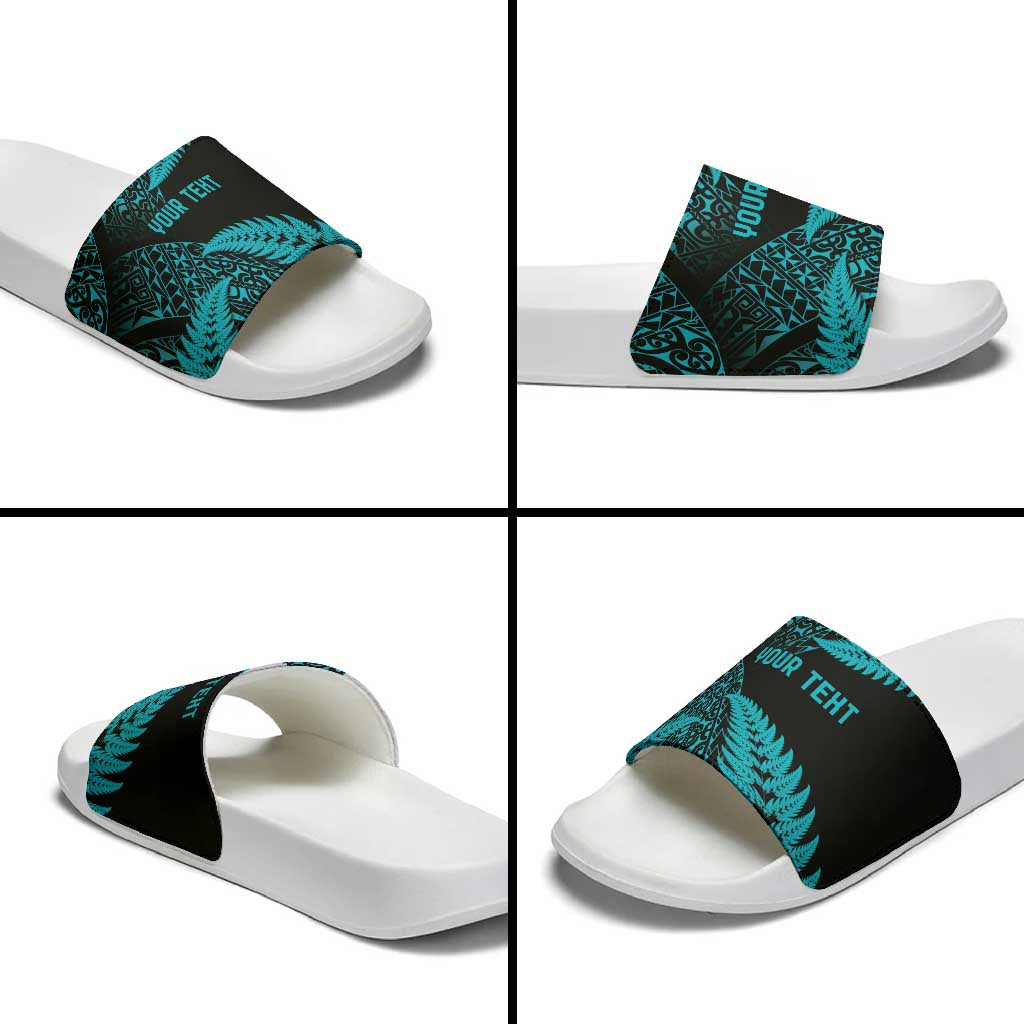 New Zealand Rugby Pacific Personalised Slide Sandals All Turquoise Maori Pasifika Fern Pattern - Polynesian Pride