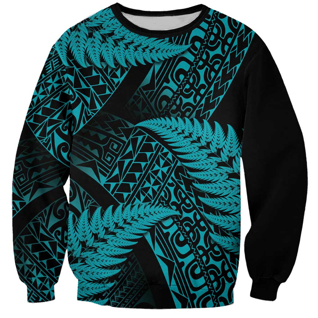 New Zealand Rugby Pacific Personalised Sweatshirt All Turquoise Maori Pasifika Fern Pattern