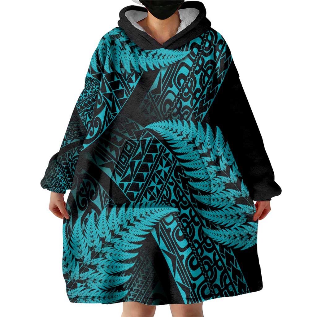 New Zealand Rugby Pacific Personalised Wearable Blanket Hoodie All Turquoise Maori Pasifika Fern Pattern