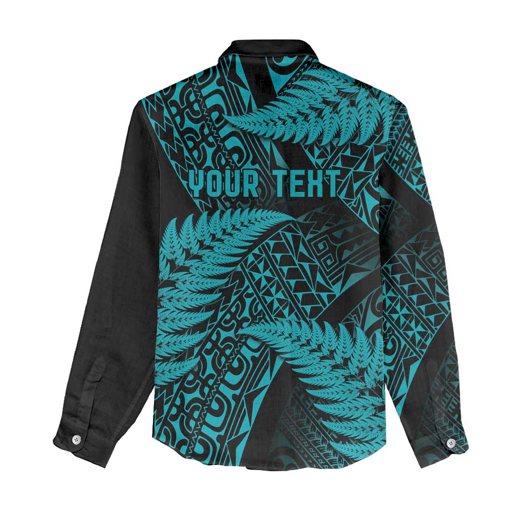 New Zealand Rugby Pacific Personalised Women Casual Shirt All Turquoise Maori Pasifika Fern Pattern
