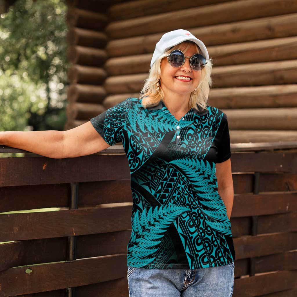 New Zealand Rugby Pacific Personalised Women Polo Shirt All Turquoise Maori Pasifika Fern Pattern