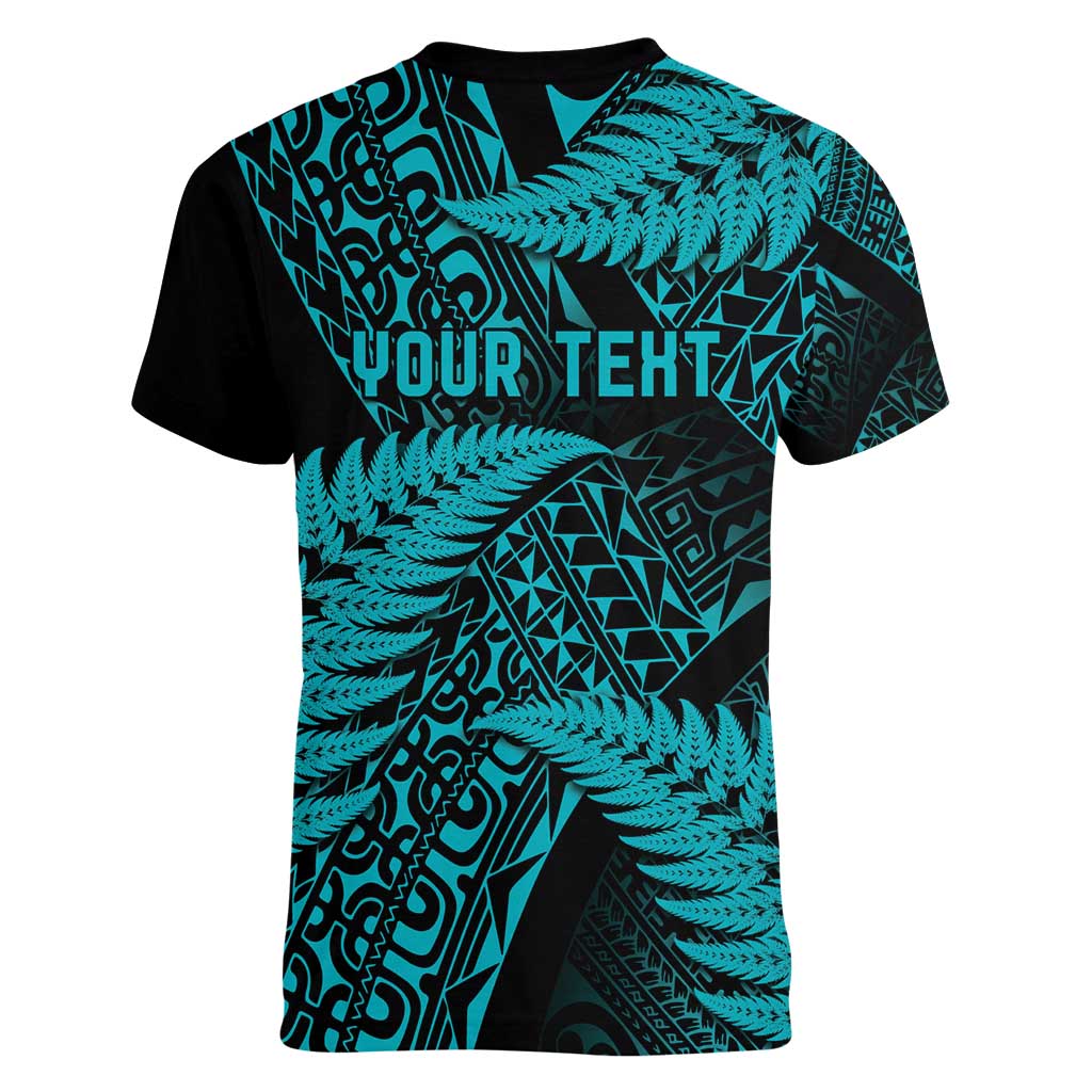 New Zealand Rugby Pacific Personalised Women V-Neck T-Shirt All Turquoise Maori Pasifika Fern Pattern