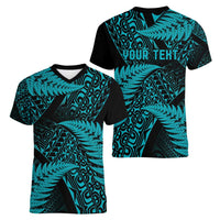 New Zealand Rugby Pacific Personalised Women V-Neck T-Shirt All Turquoise Maori Pasifika Fern Pattern
