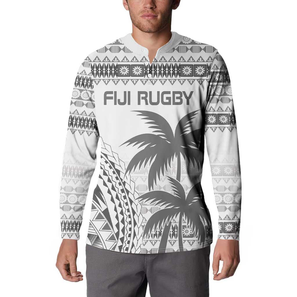 Custom Fiji Rugby Button Sweatshirt Polynesian Fijian Masi Palm Tree