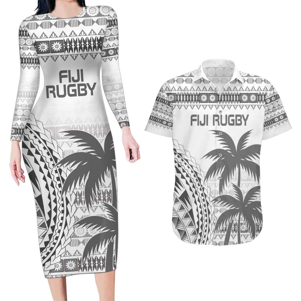 Custom Fiji Rugby Couples Matching Long Sleeve Bodycon Dress and Hawaiian Shirt Polynesian Fijian Masi Palm Tree