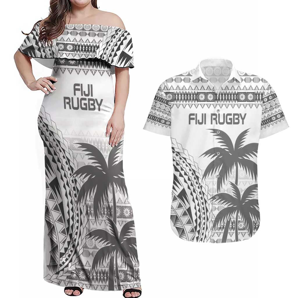 Custom Fiji Rugby Couples Matching Off Shoulder Maxi Dress and Hawaiian Shirt Polynesian Fijian Masi Palm Tree