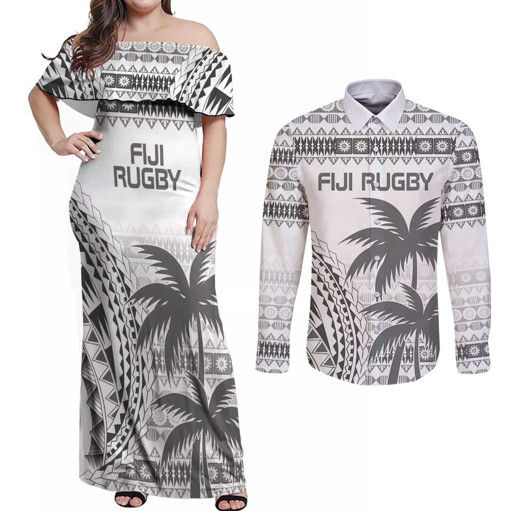 Custom Fiji Rugby Couples Matching Off Shoulder Maxi Dress and Long Sleeve Button Shirt Polynesian Fijian Masi Palm Tree