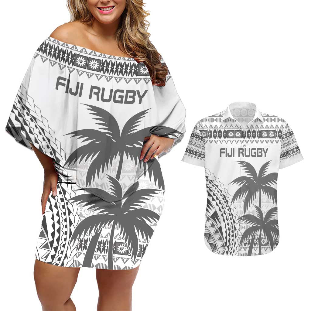 Custom Fiji Rugby Couples Matching Off Shoulder Short Dress and Hawaiian Shirt Polynesian Fijian Masi Palm Tree