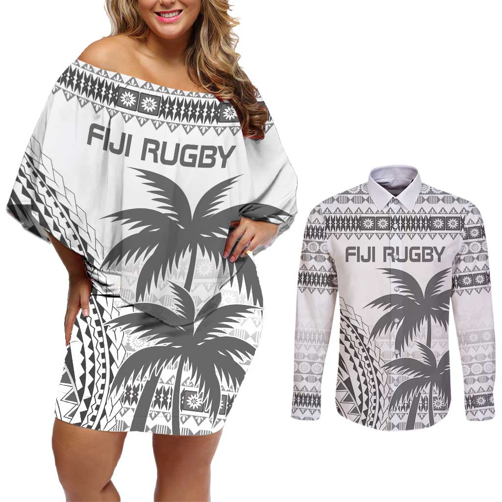 Custom Fiji Rugby Couples Matching Off Shoulder Short Dress and Long Sleeve Button Shirt Polynesian Fijian Masi Palm Tree