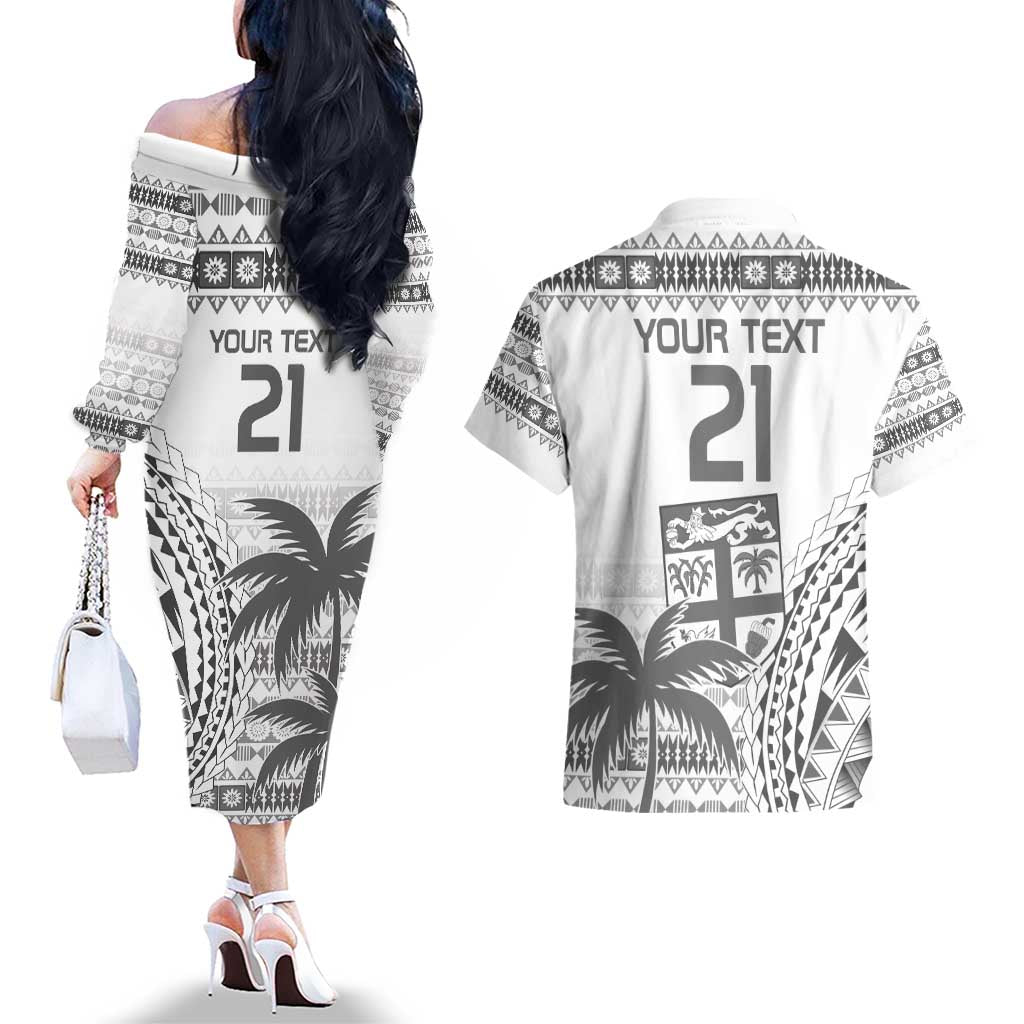 Custom Fiji Rugby Couples Matching Off The Shoulder Long Sleeve Dress and Hawaiian Shirt Polynesian Fijian Masi Palm Tree