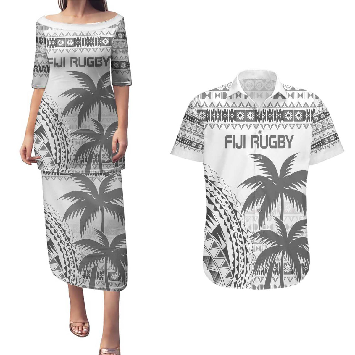 Custom Fiji Rugby Couples Matching Puletasi and Hawaiian Shirt Polynesian Fijian Masi Palm Tree