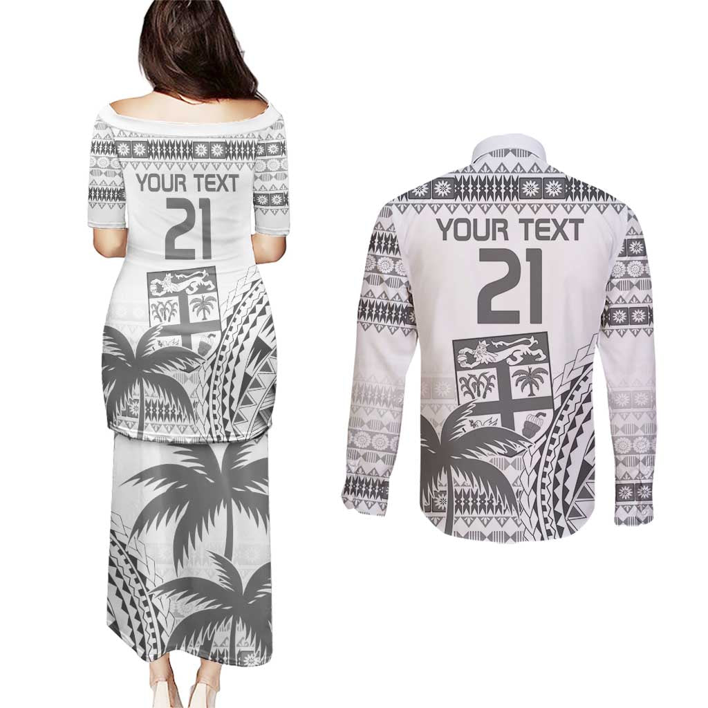 Custom Fiji Rugby Couples Matching Puletasi and Long Sleeve Button Shirt Polynesian Fijian Masi Palm Tree