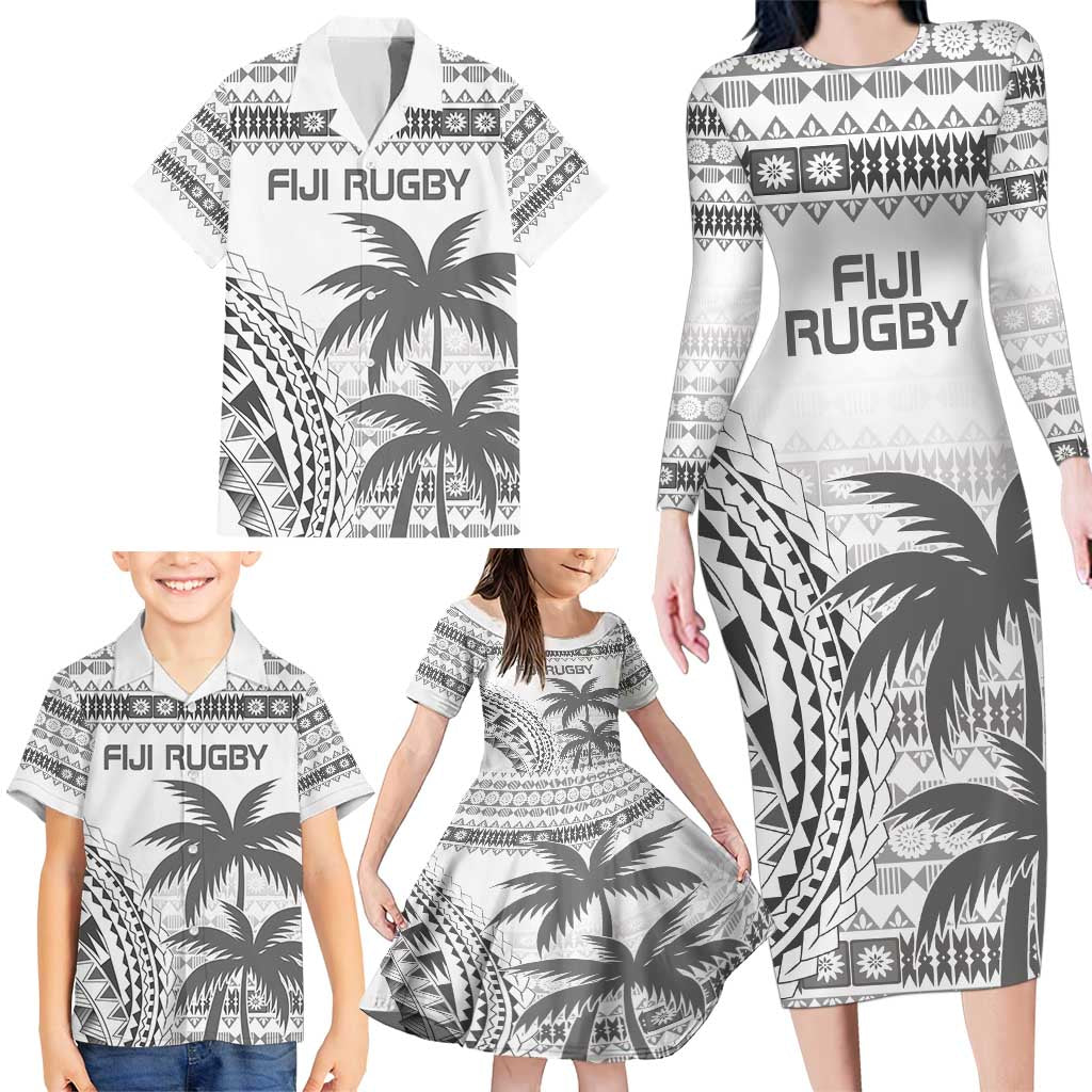 Custom Fiji Rugby Family Matching Long Sleeve Bodycon Dress and Hawaiian Shirt Polynesian Fijian Masi Palm Tree