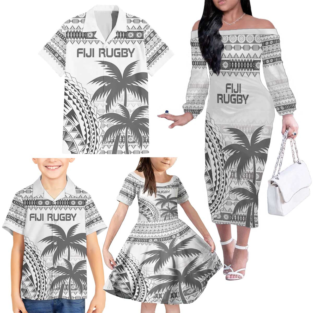 Custom Fiji Rugby Family Matching Off The Shoulder Long Sleeve Dress and Hawaiian Shirt Polynesian Fijian Masi Palm Tree