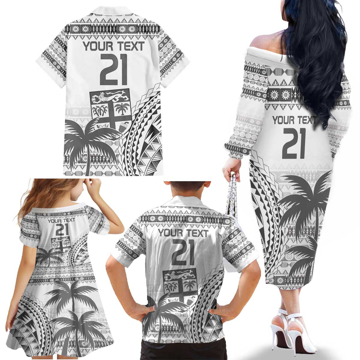 Custom Fiji Rugby Family Matching Off The Shoulder Long Sleeve Dress and Hawaiian Shirt Polynesian Fijian Masi Palm Tree