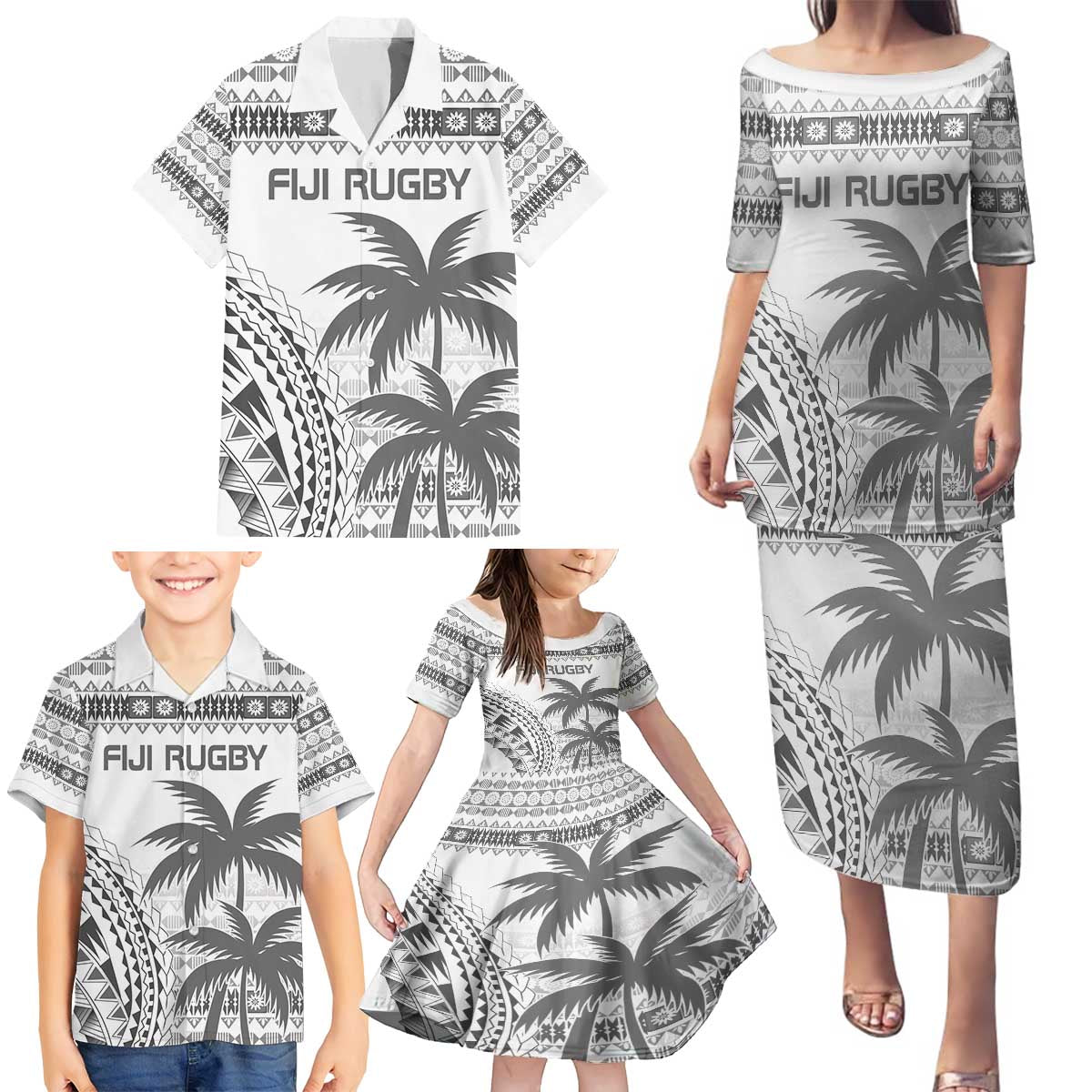 Custom Fiji Rugby Family Matching Puletasi and Hawaiian Shirt Polynesian Fijian Masi Palm Tree