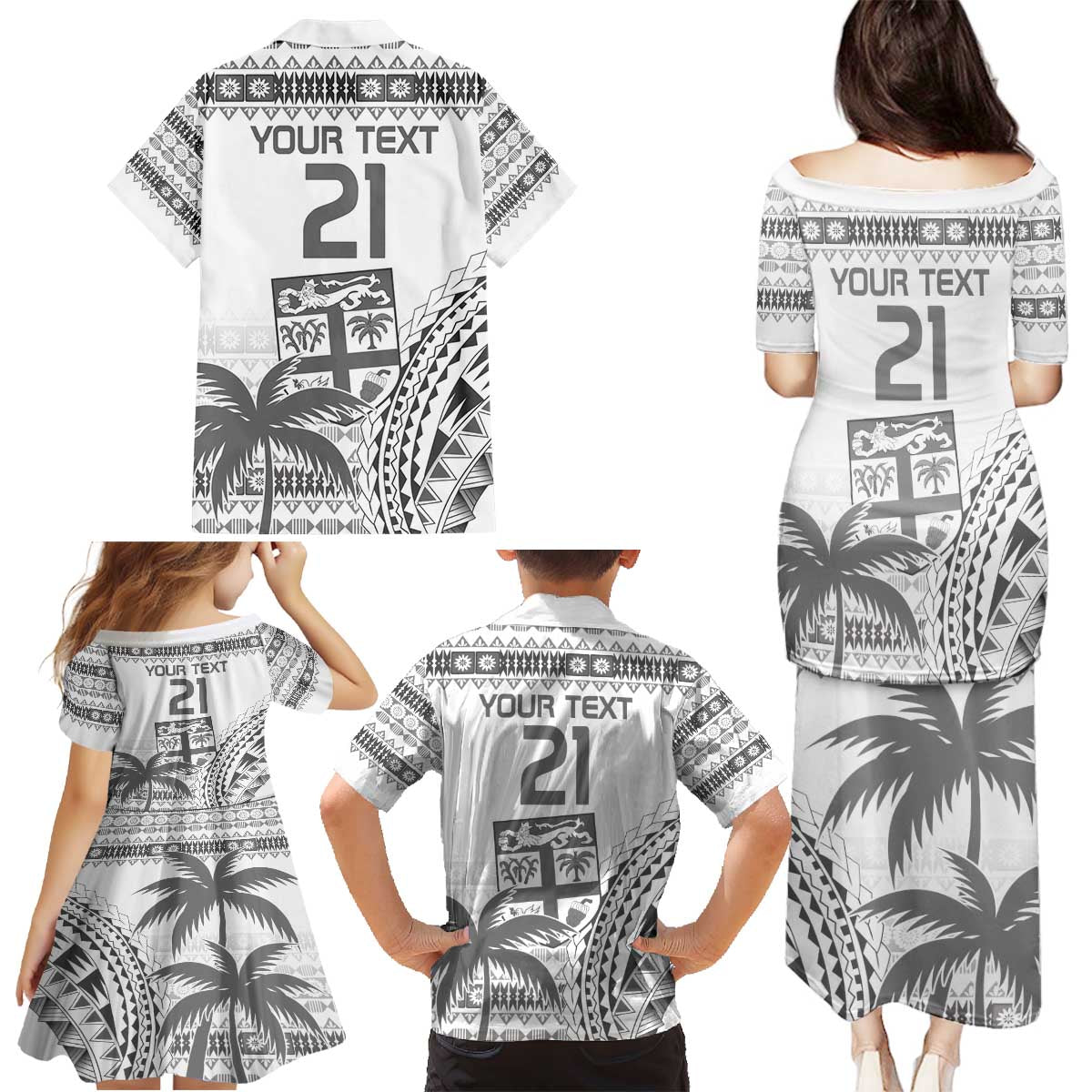 Custom Fiji Rugby Family Matching Puletasi and Hawaiian Shirt Polynesian Fijian Masi Palm Tree