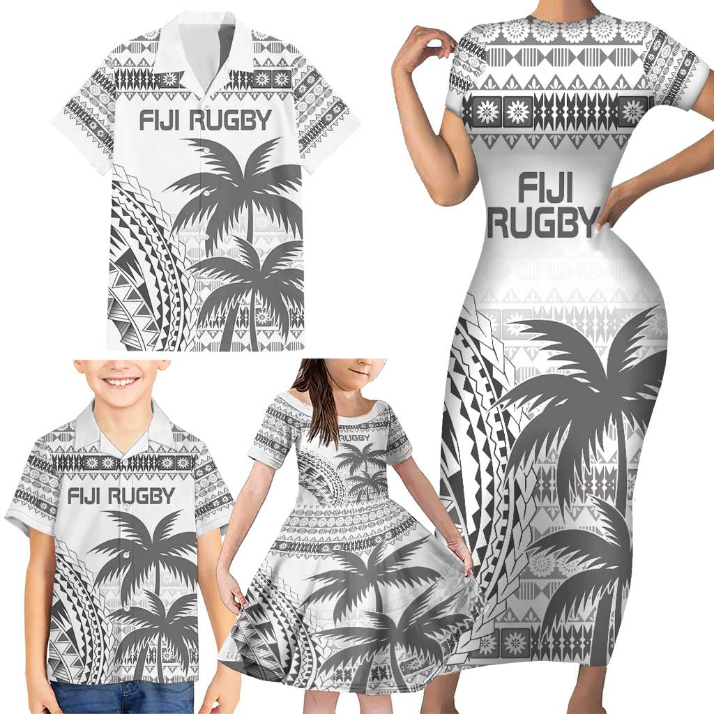 Custom Fiji Rugby Family Matching Short Sleeve Bodycon Dress and Hawaiian Shirt Polynesian Fijian Masi Palm Tree