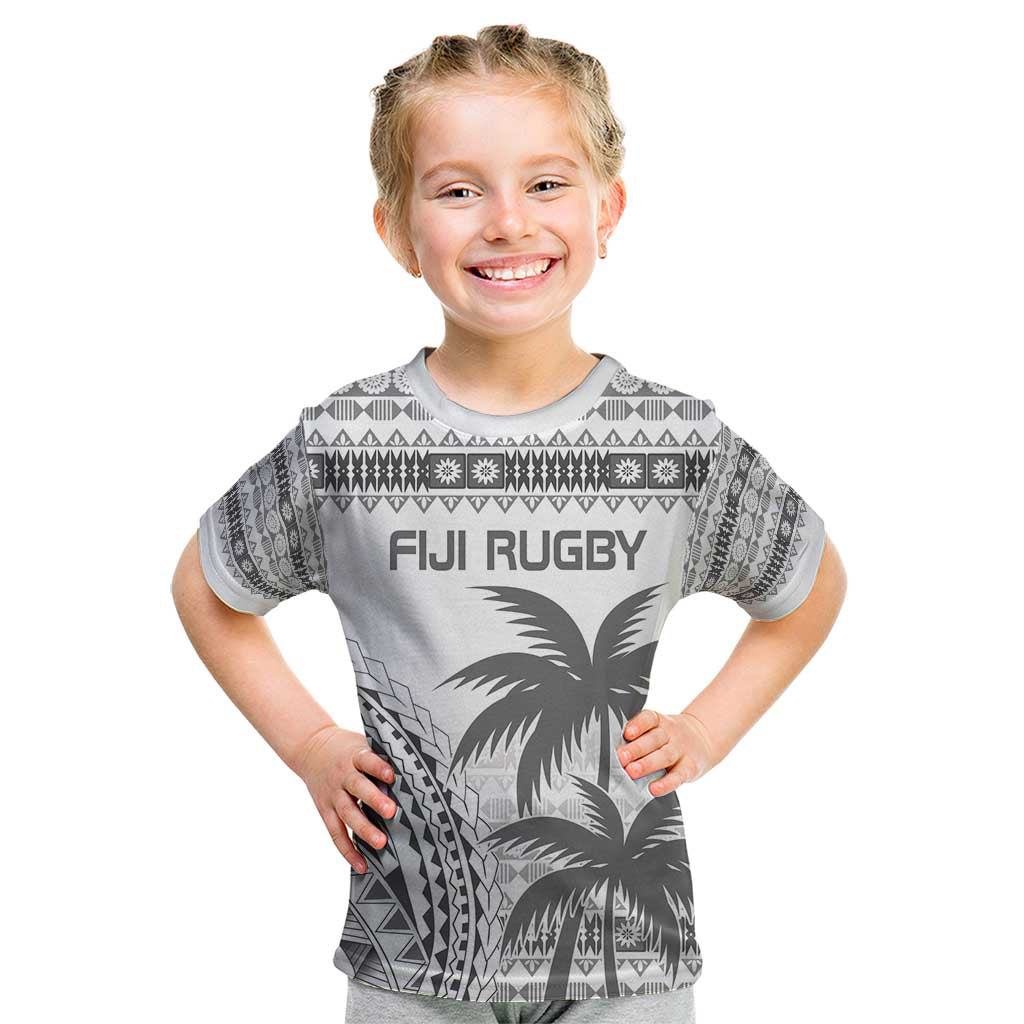 Custom Fiji Rugby Kid T Shirt Polynesian Fijian Masi Palm Tree
