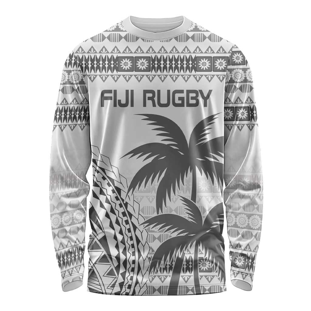 Custom Fiji Rugby Long Sleeve Shirt Polynesian Fijian Masi Palm Tree