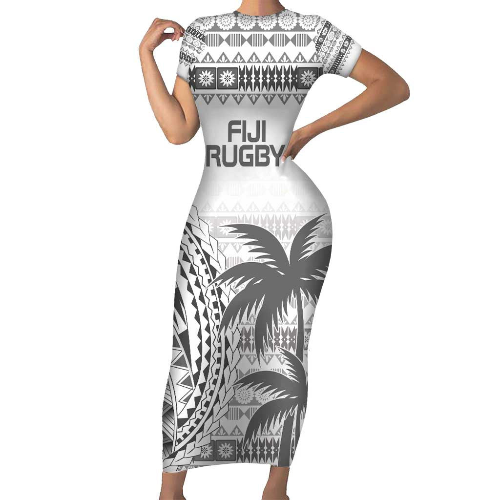 Custom Fiji Rugby Short Sleeve Bodycon Dress Polynesian Fijian Masi Palm Tree