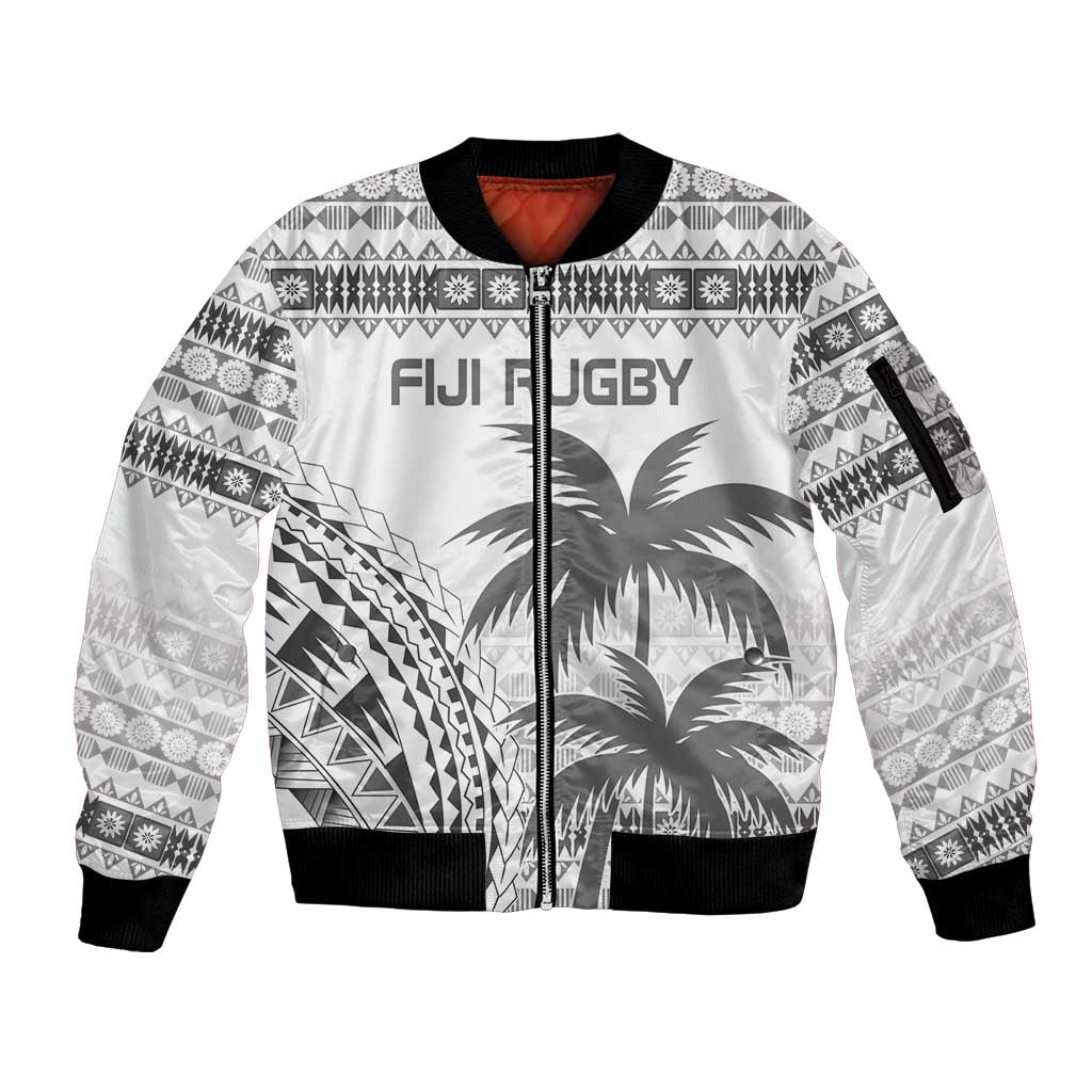 Custom Fiji Rugby Sleeve Zip Bomber Jacket Polynesian Fijian Masi Palm Tree