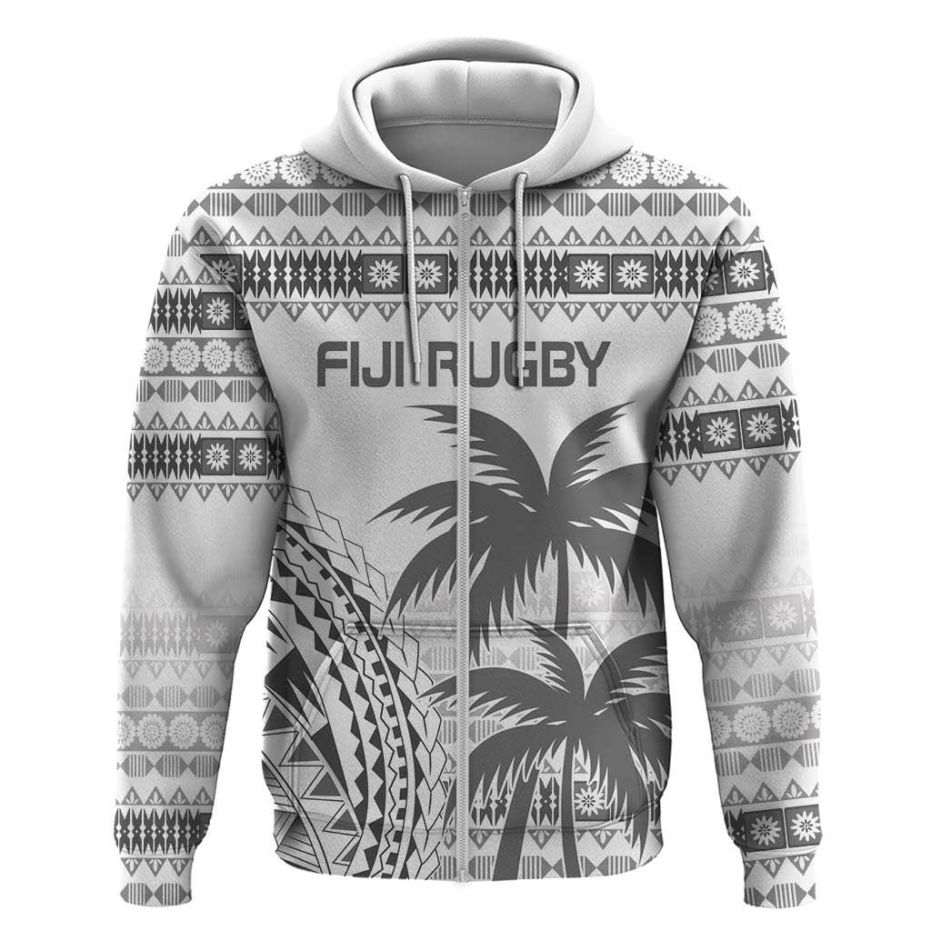 Custom Fiji Rugby Zip Hoodie Polynesian Fijian Masi Palm Tree