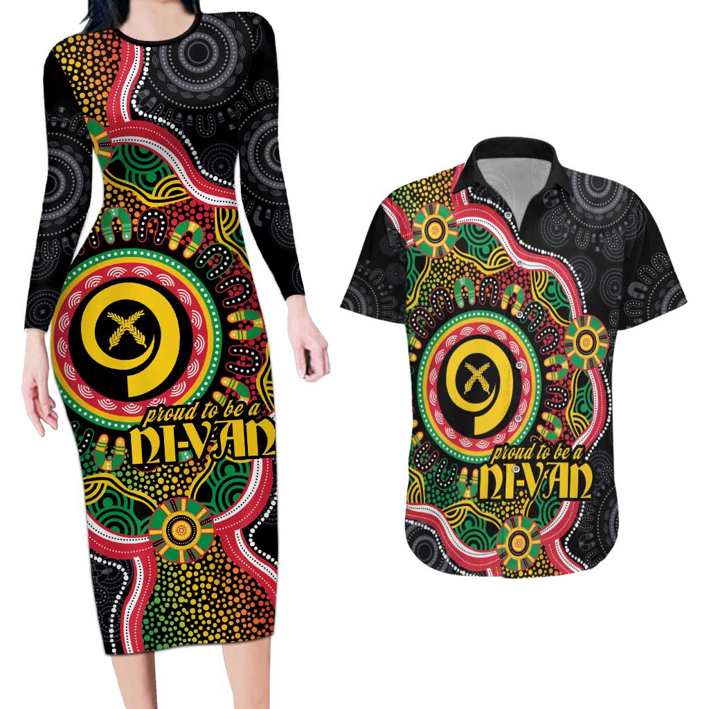 Vanuatu Personalised Couples Matching Long Sleeve Bodycon Dress and Hawaiian Shirt Aboriginal Dot Paitnting LT9 Black - Polynesian Pride