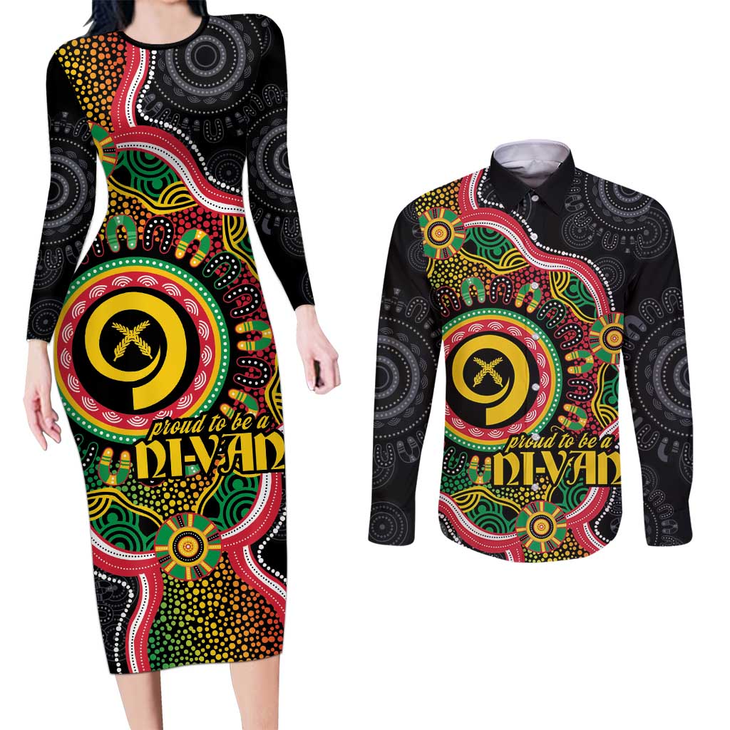 Vanuatu Personalised Couples Matching Long Sleeve Bodycon Dress and Long Sleeve Button Shirt Aboriginal Dot Paitnting LT9 Black - Polynesian Pride