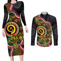 Vanuatu Personalised Couples Matching Long Sleeve Bodycon Dress and Long Sleeve Button Shirt Aboriginal Dot Paitnting LT9 Black - Polynesian Pride