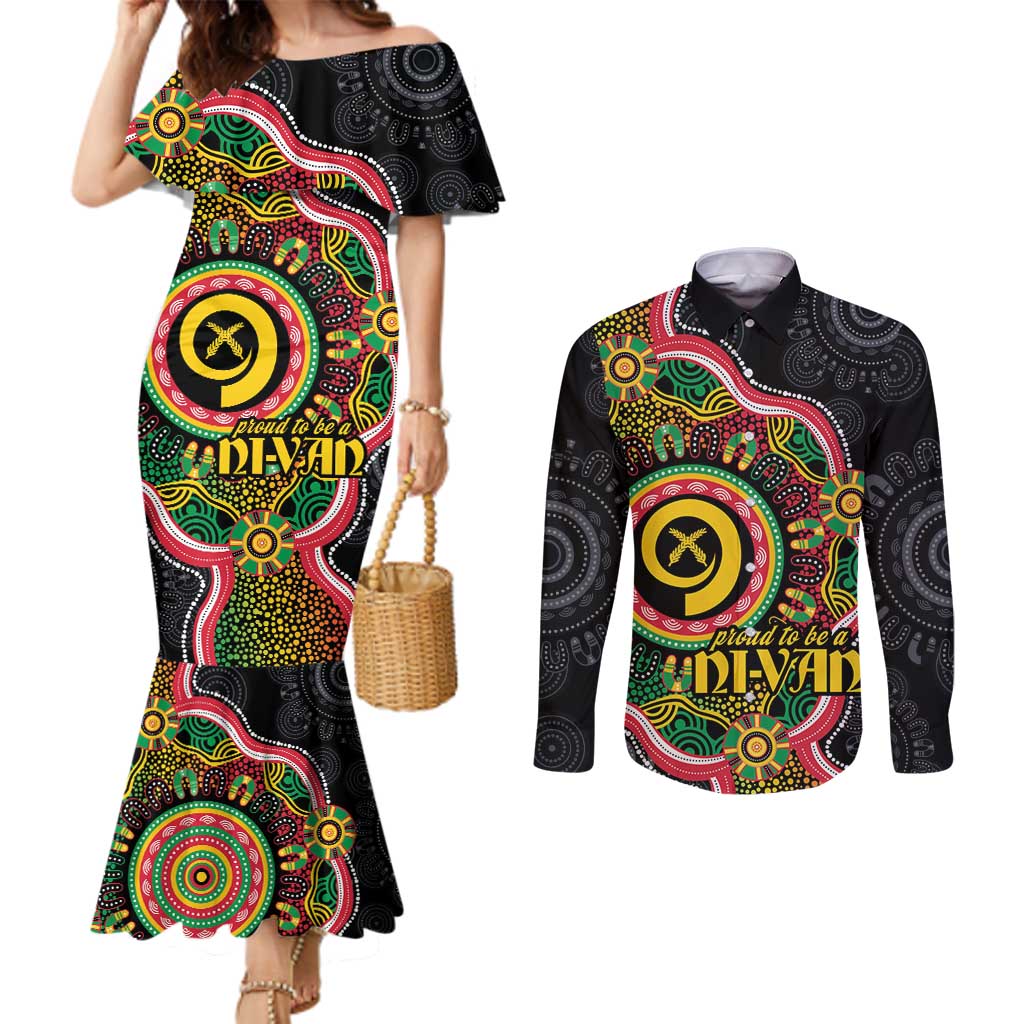 Vanuatu Personalised Couples Matching Mermaid Dress and Long Sleeve Button Shirt Aboriginal Dot Paitnting LT9 Black - Polynesian Pride