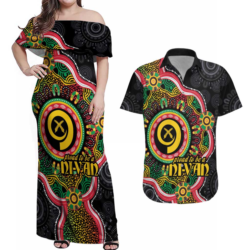 Vanuatu Personalised Couples Matching Off Shoulder Maxi Dress and Hawaiian Shirt Aboriginal Dot Paitnting LT9 Black - Polynesian Pride