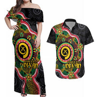 Vanuatu Personalised Couples Matching Off Shoulder Maxi Dress and Hawaiian Shirt Aboriginal Dot Paitnting LT9 Black - Polynesian Pride