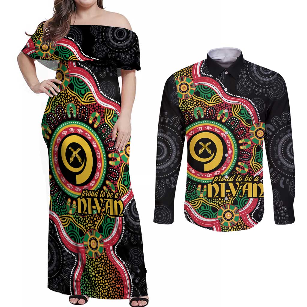 Vanuatu Personalised Couples Matching Off Shoulder Maxi Dress and Long Sleeve Button Shirt Aboriginal Dot Paitnting LT9 Black - Polynesian Pride