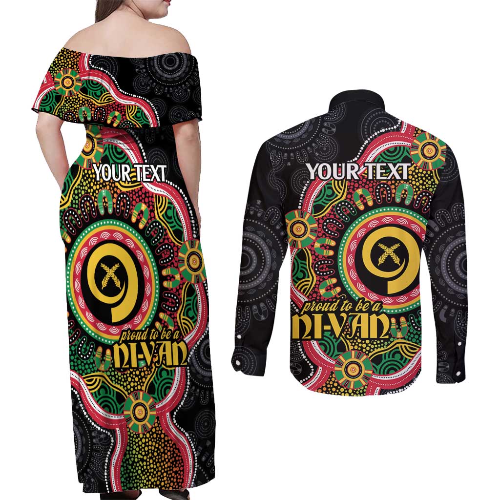 Vanuatu Personalised Couples Matching Off Shoulder Maxi Dress and Long Sleeve Button Shirt Aboriginal Dot Paitnting LT9 - Polynesian Pride