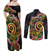 Vanuatu Personalised Couples Matching Off Shoulder Maxi Dress and Long Sleeve Button Shirt Aboriginal Dot Paitnting LT9 - Polynesian Pride