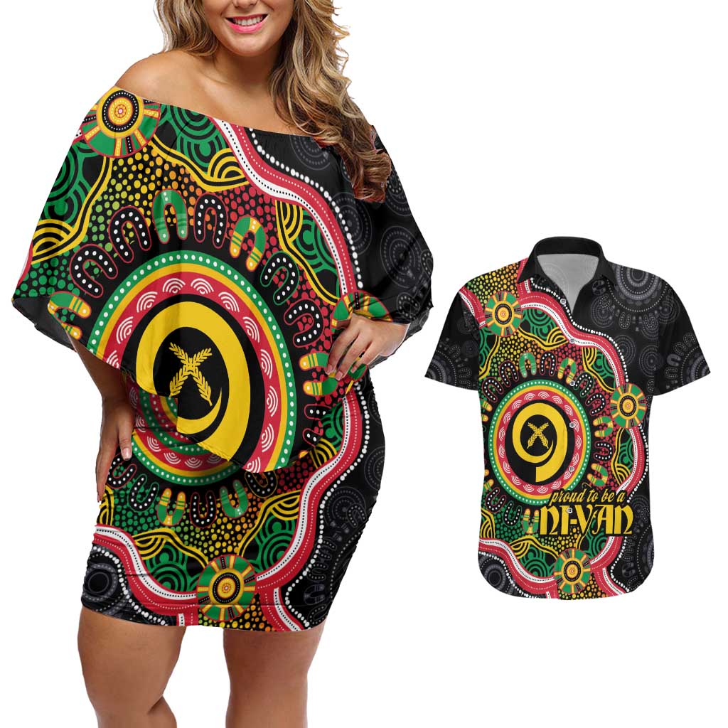 Vanuatu Personalised Couples Matching Off Shoulder Short Dress and Hawaiian Shirt Aboriginal Dot Paitnting LT9 Black - Polynesian Pride