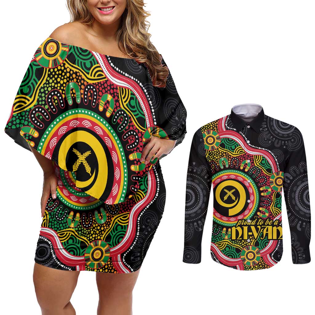 Vanuatu Personalised Couples Matching Off Shoulder Short Dress and Long Sleeve Button Shirt Aboriginal Dot Paitnting LT9 Black - Polynesian Pride