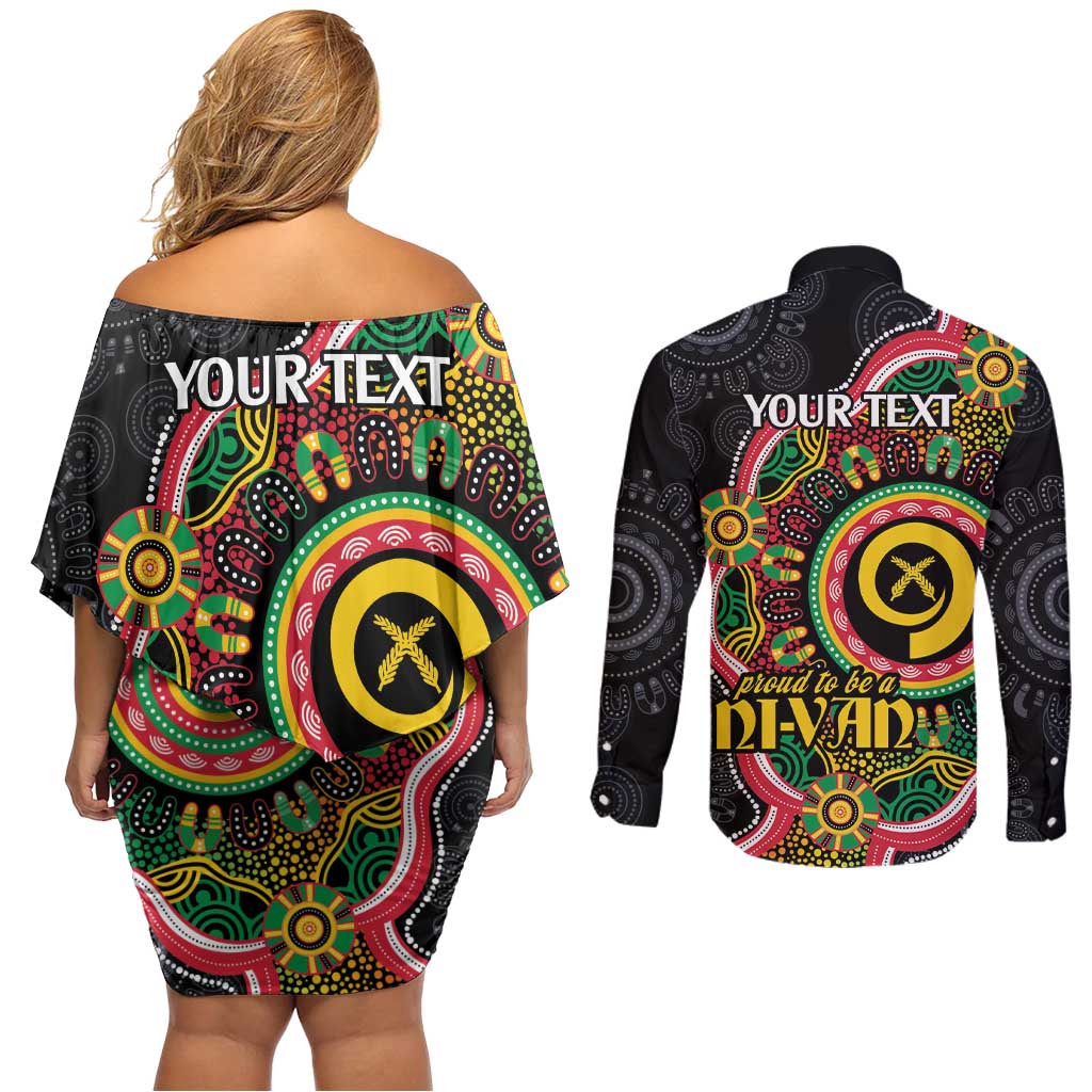 Vanuatu Personalised Couples Matching Off Shoulder Short Dress and Long Sleeve Button Shirt Aboriginal Dot Paitnting LT9 - Polynesian Pride