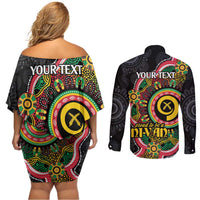 Vanuatu Personalised Couples Matching Off Shoulder Short Dress and Long Sleeve Button Shirt Aboriginal Dot Paitnting LT9 - Polynesian Pride