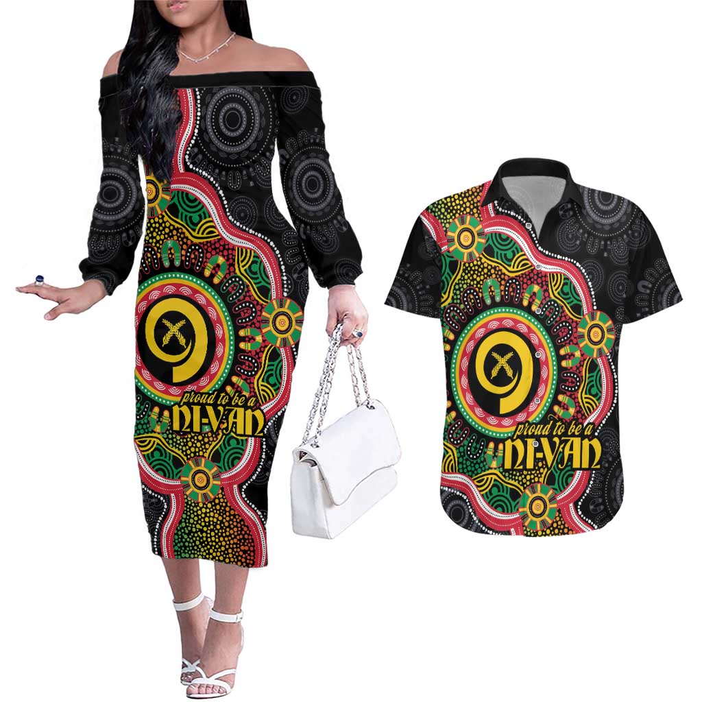 Vanuatu Personalised Couples Matching Off The Shoulder Long Sleeve Dress and Hawaiian Shirt Aboriginal Dot Paitnting LT9 Black - Polynesian Pride
