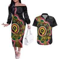 Vanuatu Personalised Couples Matching Off The Shoulder Long Sleeve Dress and Hawaiian Shirt Aboriginal Dot Paitnting LT9 Black - Polynesian Pride